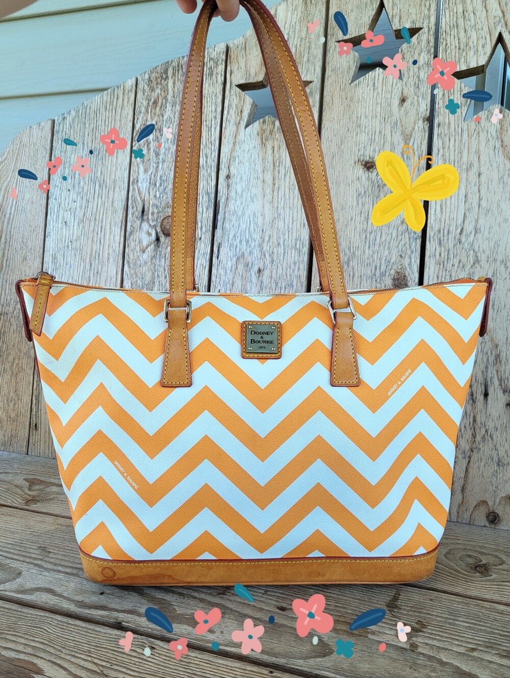 Dooney & Bourke Leather Orange And White Chevron Large Tote Handbag